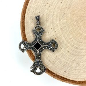 Sterling silver with marcasite and onyx cross cross pendant